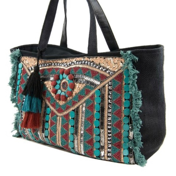 Circus NY | Turquoise & Black Pom-Pom Beaded Jordynn Tote - Picture 4 of 5
